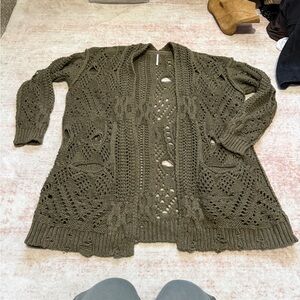 Free People Dark Olive Open-Knit Cardigan